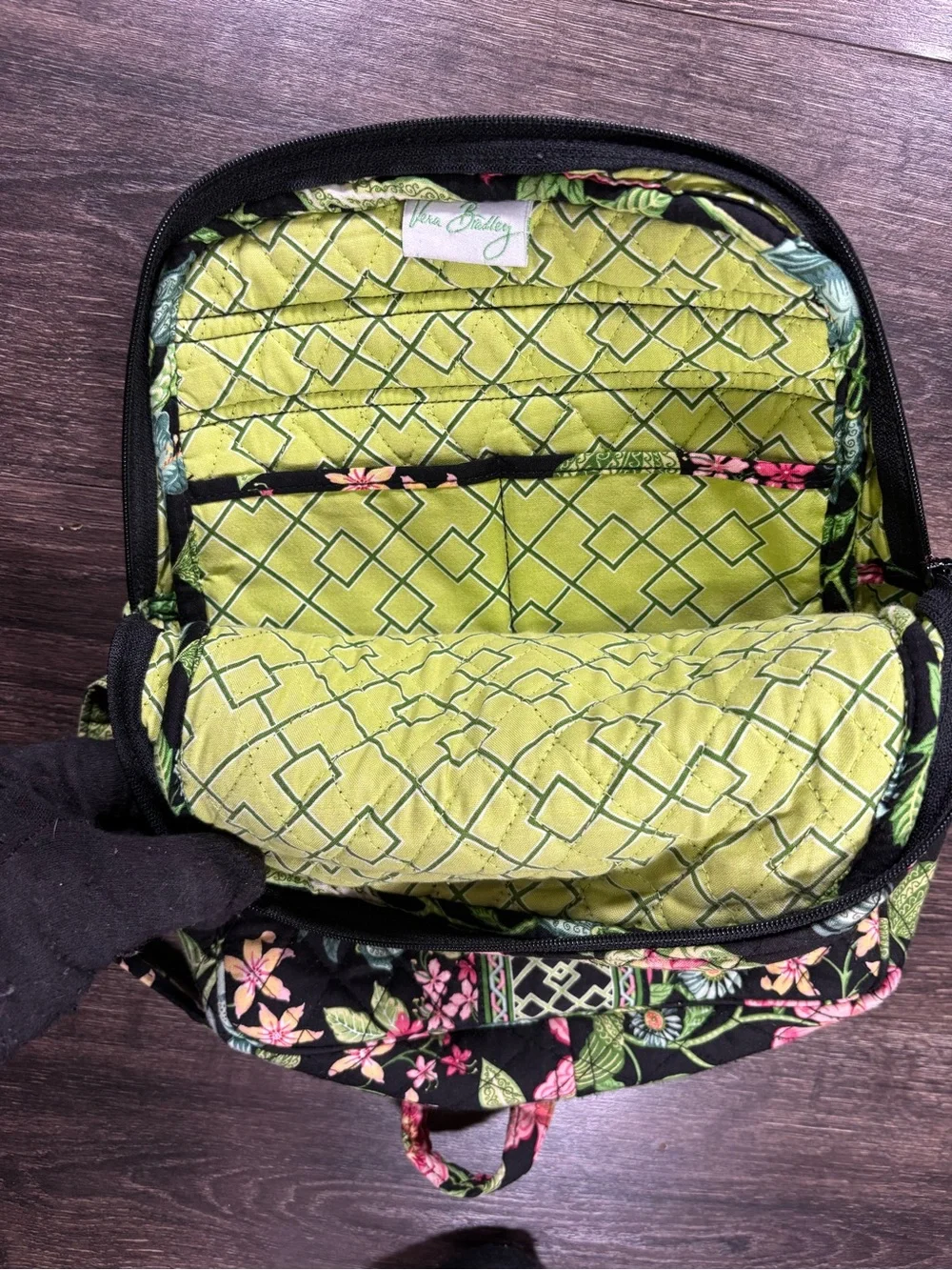 Vera Bradley Black Floral Quilted Backpack with Pink and Green Accents